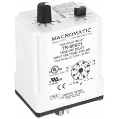 Socket-mounted time delay relay rated for 240V AC and 10A with 8 pins/terminals. Used in industrial control systems to delay or sequence electrical operations, such as in HVAC, conveyor systems, and motor controls.