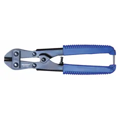 Miniature bolt and chain cutters with steel construction and a blue finish. Designed for cutting soft steel and hard steel up to 1/4 inch maximum diameter. Suitable for trimming bolts, rods, and chain links in maintenance and construction applications.