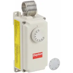 Weatherproof single-stage control with plastic enclosure for heating or cooling applications. Features a 30° to 110°F temperature range, 3.5°F differential, and hydraulic air coil sensing element. Operates on 120 to 240V AC with SPDT switch action (open/close on rise). Suitable for HVAC systems requiring line-voltage control in outdoor or damp environments.