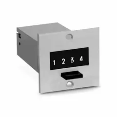 Base-mounting electromechanical counter with analog display, operating on 90 V AC to 115 V AC. The 1 in x 2 1/2 in unit is RoHS compliant. Used for counting cycles, revolutions, or events in industrial machinery and process control systems.