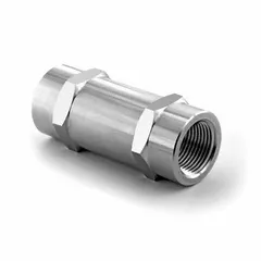 This HAM-LET poppet check valve features a 316 stainless steel body and seat, with 1/8 inch FNPT x FNPT connections. Designed for inline installation, it prevents backflow in instrumentation and process lines, suitable for gas and fluid systems requiring one-directional flow control.
