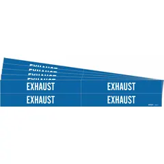 Blue adhesive pipe markers with white 'Exhaust' legend, designed for pipe outer diameters from 3/4 to 2-3/8 inches. Each pack contains 4 markers without arrows, suitable for identifying exhaust lines in industrial piping systems. The adhesive backing allows application on metal or plastic pipes.