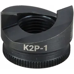 Round knockout punch and die set for creating clean holes in 10 ga sheet steel. Nominal size 30.5 mm. Features ratchet drive mechanism and includes plastic case. Used for electrical enclosures, panel boxes, and industrial equipment.
