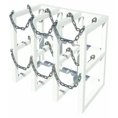 This steel cylinder rack in petal white provides six compartments for organized benchtop storage of gas cylinders. Designed for benchtop mounting, it helps secure cylinders in laboratory environments.