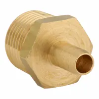Brass barbed tube fitting with BSPT male threads on both ends, rigid body, and standard barb. Connects 14 mm pipe to 12 mm ID tubing. Used in pneumatic systems, compressed air lines, and fluid transfer applications requiring a leak-resistant connection