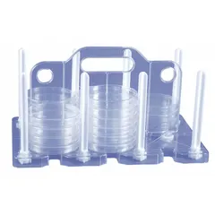 This clear polypropylene petri dish rack is designed for benchtop use, holding up to 54 petri dishes. Overall dimensions are 9 1/4 in length, 13 1/2 in height, and 8 in width. Suitable for organizing and storing petri dishes in laboratory settings.
