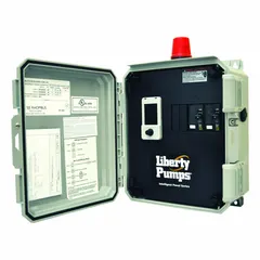 Multi-purpose pump control panel for simplex pump systems. Operates at 208/240/480V AC, 9 to 14 A. Non-reversing, includes tether float, visual alert output, and demand dose dosing schedule. Plastic enclosure, not intrinsically safe.