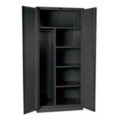 This industrial combination cabinet from HALLOWELL features a solid frame construction with a dark gray finish. It includes four adjustable shelves and hanging rods for versatile storage of tools, parts, and garments. The swing handle with padlock hasp provides security. Suitable for warehouses, factories, and maintenance facilities.