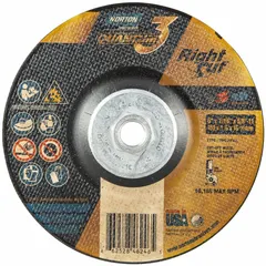 Depressed center cut-off wheel for carbon and stainless steel. Type 27 design with 6" diameter, 1/16" thickness, and 5/8"-11 arbor. Ceramic grain at 36 grit enables cool cutting. Used in metal fabrication, construction, and maintenance for cutting, slotting, and notching.