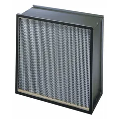 Rigid cell air filter with fiberglass media and a steel frame. Rated MERV 9 for capturing airborne particles. Commonly used in commercial and industrial HVAC systems, such as air handling units and rooftop units, to improve indoor air quality and protect equipment.