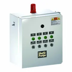 Multi-purpose pump control panel for quadplex configurations, managing up to four pumps. Operates at 208/230V AC with a current range of 4 to 6.3 A. Features a tether float, plastic enclosure, and audio alert output. Non-reversing with demand dose dosing schedule. Suitable for wastewater, sewage, or industrial fluid handling systems.