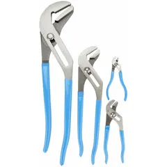Self-adjusting tongue and groove plier set with maximum jaw openings of 1/2 in, 7/8 in, 2 1/4 in, and 3 1/4 in. Used for gripping, turning, and clamping fasteners and pipes in plumbing, HVAC, and mechanical maintenance.