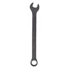 This metric combination wrench features a 14 mm 12-point box end and open end for turning hex fasteners. The black oxide finish provides corrosion resistance, while the offset design improves access in confined spaces. Overall length is 7 3/4 inches.