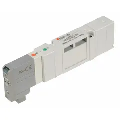 Four-way, three-position directional control valve with 24V DC solenoid and 33 msec response time. Spring return mechanism with closed center position and internal pilot operation. Used for precise pneumatic actuation in industrial automation systems such as packaging, material handling, and assembly lines.