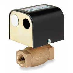 Brass inline liquid flow switch for 3/4 in pipe with 3/4 in NPT connections. Detects flow or no-flow conditions in piping systems. Contact rating: 22.2 A @ 240V (Locked Rotor). Operating temperature range: 32°F to 250°F.