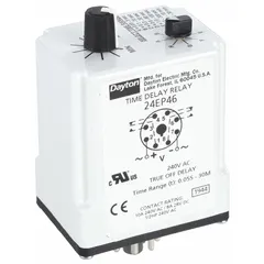 Socket-mounted time delay relay with single timing function. Rated 240V AC and 10 A, with 8 pins/terminals. Used in industrial control panels for delaying or sequencing electrical operations such as motor start/stop, conveyor timing, and HVAC sequencing.