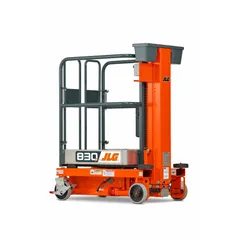 Battery-powered push-around vertical lift with an 8.2 ft elevated platform height and a 39 in x 29 in platform. Includes a standard tool tray. Suitable for indoor maintenance, installation, and warehousing tasks requiring one-person access to overhead work areas.