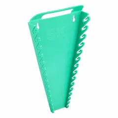 This plastic wrench rack organizes wrenches in a workshop or toolbox. Its slide-on design keeps tools separated and accessible. Overall length 13 1/2 inches, width 7 3/8 inches. Green color.