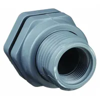 This CPVC through-wall fitting has a 1 in female socket and a 1 in flange diameter, with an FKM gasket for sealing. It is used for tank connections in fluid handling systems where corrosion resistance is required