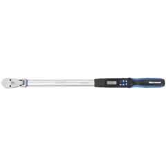 This flex-head electronic torque and angle wrench provides precise torque and angle control for threaded fasteners. It covers a range of 12.5 to 250.7 ft-lb (17 to 340 N-m) and supports multiple measurement units. Audible and visual indicators confirm when the target torque is reached. The flex-head design allows access to confined spaces.