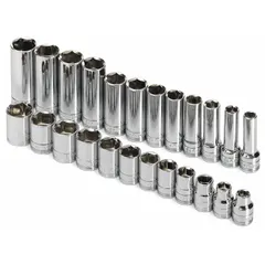 This 24-piece set includes 6-point metric deep sockets from 8 mm to 19 mm with a 3/8 in drive. Features a friction ball retainer. Suitable for tightening and loosening metric fasteners in automotive repair, industrial maintenance, and mechanical assembly where extended reach is needed.