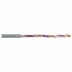 This continuous flexing data cable features 10 conductors of 24 AWG twisted-pair copper, a PUR jacket, and a 300 V rating. It is designed for use in cable carriers and automated machinery where repeated bending occurs, suitable for signal transmission in industrial automation and robotics applications.