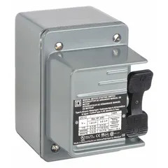 Two-pole enclosed manual motor switch rated 30 A at 230V DC. Surface-mount painted steel enclosure with NEMA 4 rating provides protection against dust, rain, and hose-directed water. Used for local on/off control of motors in industrial applications.