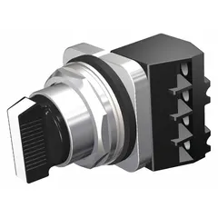 This 30 mm panel-mounting selector switch from the Siemens 52SA series features a maintained/maintained action with a short-handled knob, non-illuminated plastic operator head, and metallic bezel. It offers 2 positions (On/Off) with 1NO/1NC contact configuration, rated for AC 10 A and DC 5 A at 600 V. Suitable for industrial control panels requiring a two-position selector for machine start/stop, conveyor, or process equipment applications.