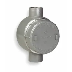 Iron C round body straight-type conduit outlet body with powder-coated finish. Includes cover and grounding screw. Threaded female hubs for use with 1 in RMC. Rated for hazardous locations. UL listed.
