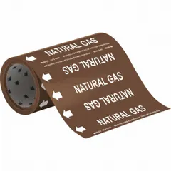 Brown background with white legend text reading 'Natural Gas'. Fits pipe O.D. of 2 in and smaller. Includes directional arrows. Supplied as 30 adhesive markers on a roll for labeling pipes carrying natural gas in industrial facilities.