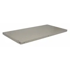 Solid steel shelf for standard clip-adjustable metal shelving systems. 18-gauge steel with powder-coated finish. Overall width 48 in, depth 18 in. Suitable for organizing parts, tools, and inventory in warehouses and industrial storage areas.