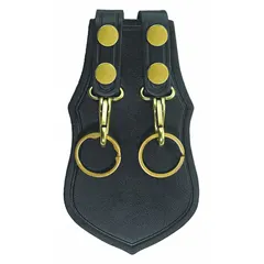 Black leather key pouch with snap closure, measuring 5 inches by 115 mm. Designed to fit belts up to 2 1/4 inches wide. Suitable for carrying and organizing keys on a belt for quick access in maintenance, security, or field operations.
