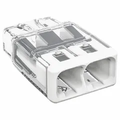 WAGO 2773 series push-in connector with 2 ports for solid wires from 20 AWG to 12 AWG. Rated 32 A and 600 V. Suitable for terminating wires in control panels, lighting systems, and junction boxes without tools.
