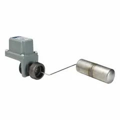 Side-mounted float switch for liquid level detection in industrial tanks and vessels. Features a 90° float rod angle and screw clamp electrical connections. Requires a minimum media specific gravity of 0.85.