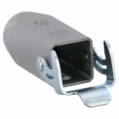 Cable-to-cable rectangular connector housing with single-entry M20 cable entry thread and single lever locking. Gray zinc die-cast construction with NBR seal. IP44 rated for protection against splashing water. Operating temperature range -40 to 125 °C. Suitable for industrial cable connections requiring a robust enclosure.