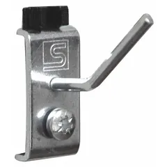 Steel toolholder with zinc-plated silver finish, designed for square-hole pegboard. Includes five hooks and bolts for surface mounting. Screw-in locking system secures wrenches. Suitable for organizing tools in workshops and storage areas.