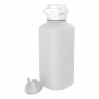 This 1 L polypropylene vacuum bottle is designed for laboratory vacuum applications. It is non-sterile and features graduated markings for measuring liquid volumes. The wide mouth facilitates easy filling and cleaning. Typical uses include sample collection and storage under vacuum in research and testing environments