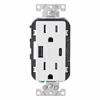 USB Receptacle: Duplex, 5-15R, USB Type A/C, White, 125V AC, 15 A (MPN T5633-W)