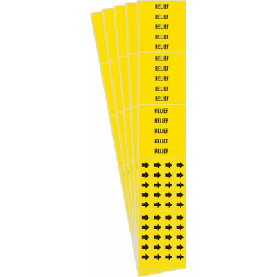 BRADY Pipe Marker: Relief, Yellow, Black, Fits 3/4 in and Smaller Pipe O.D., 3 Pipe Markers - Relief Adhesive Pipe Markers