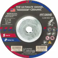 Ceramic grinding wheel for cool-cutting on carbon and stainless steel. Type 27 shape, 5" diameter, 1/4" thickness, 5/8"-11 arbor. 24 grit ceramic abrasive. Used for grinding, blending, and finishing in metal fabrication and maintenance