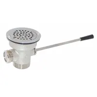 This brass sink drain assembly features a lever-activated stopper for controlling water flow and includes a strainer to catch debris. With a nickel finish and threaded 1 1/2 in pipe diameter, it is suited for use in sink basins in residential or commercial settings
