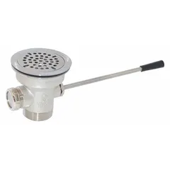 This brass sink drain assembly features a lever-activated stopper for controlling water flow and includes a strainer to catch debris. With a nickel finish and threaded 1 1/2 in pipe diameter, it is suited for use in sink basins in residential or commercial settings.