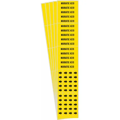 BRADY Pipe Marker: Muriatic Acid, Yellow, Black, Fits 3/4 in and Smaller Pipe O.D. - Muriatic Acid Adhesive Pipe Markers