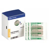 Sterile, unitized plastic strip bandage measuring 1 1/2 by 1 1/2 inches. Latex-free and water resistant, with non-metal-detectable construction. Packaged in a box and compliant with ANSI/ISEA Z308.1-2009. Suitable for covering minor cuts and abrasions in first aid kits