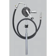 This rotary-crank drum pump is designed for manual transfer of fluids from drums or barrels. It features a cast iron housing and graphite seal, delivering 10.67 oz per stroke. The pump includes a hose and nozzle for convenient dispensing. Suitable for industrial applications such as transferring lubricants or non-corrosive liquids.
