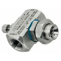 Stainless steel external mix air-atomizing spray nozzle with a flow rate of 14 scfm and a round spray pattern at 15 inches. Connects via 1/4 in FNPT port. Used for precision liquid atomization in industrial coating, humidification, and cooling processes