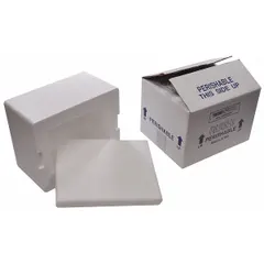 White cardboard outer box with 1.5 in thick Styrofoam insert. Used for temperature-sensitive shipments such as perishable goods, pharmaceuticals, or lab samples during transit.