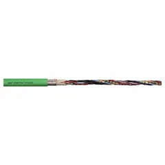 CHAINFLEX CF113-012-D servo motor feedback cable with green PUR jacket rated for 50 V. Conductor grouping includes (3) shielded twisted pair 26 AWG, (3) shielded 26 AWG, (6) 26 AWG, and (2) 20 AWG. Minimum bend radius factor is 4 x OD for fixed installation and 6 x OD for flexible applications. Sold by the foot. Used for transmitting encoder or resolver signals from servo motors to drives in cable carriers or drag chains.