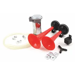 FIAMM 66020 is a 12V DC full-tone electric horn system for passenger vehicles. It includes two red/black trumpet horns with an unfinished finish, producing a 135 dB maximum sound level for audible warning.