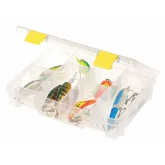This clear plastic compartmented box features adjustable dividers for organizing small parts such as screws, nuts, beads, or craft supplies. It is not electrostatic discharge conductive. Suitable for workshops, garages, and hobbyist use where visibility of contents is desired.